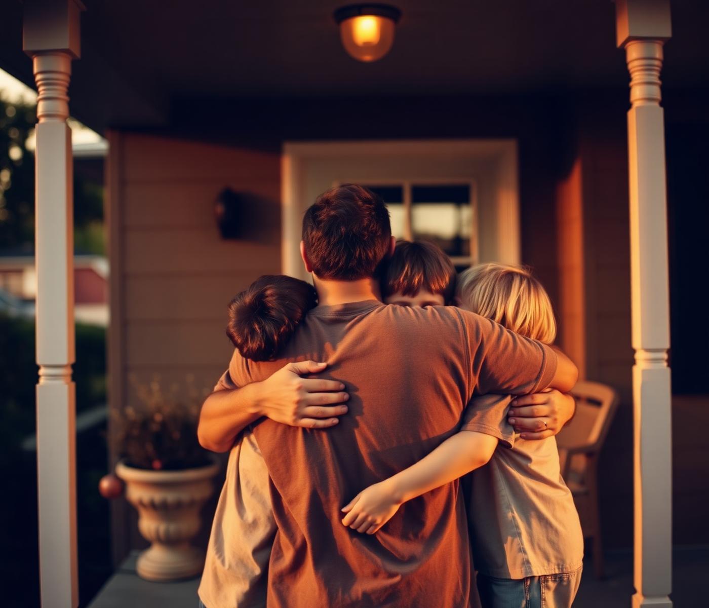 Family on a porch at golden hour