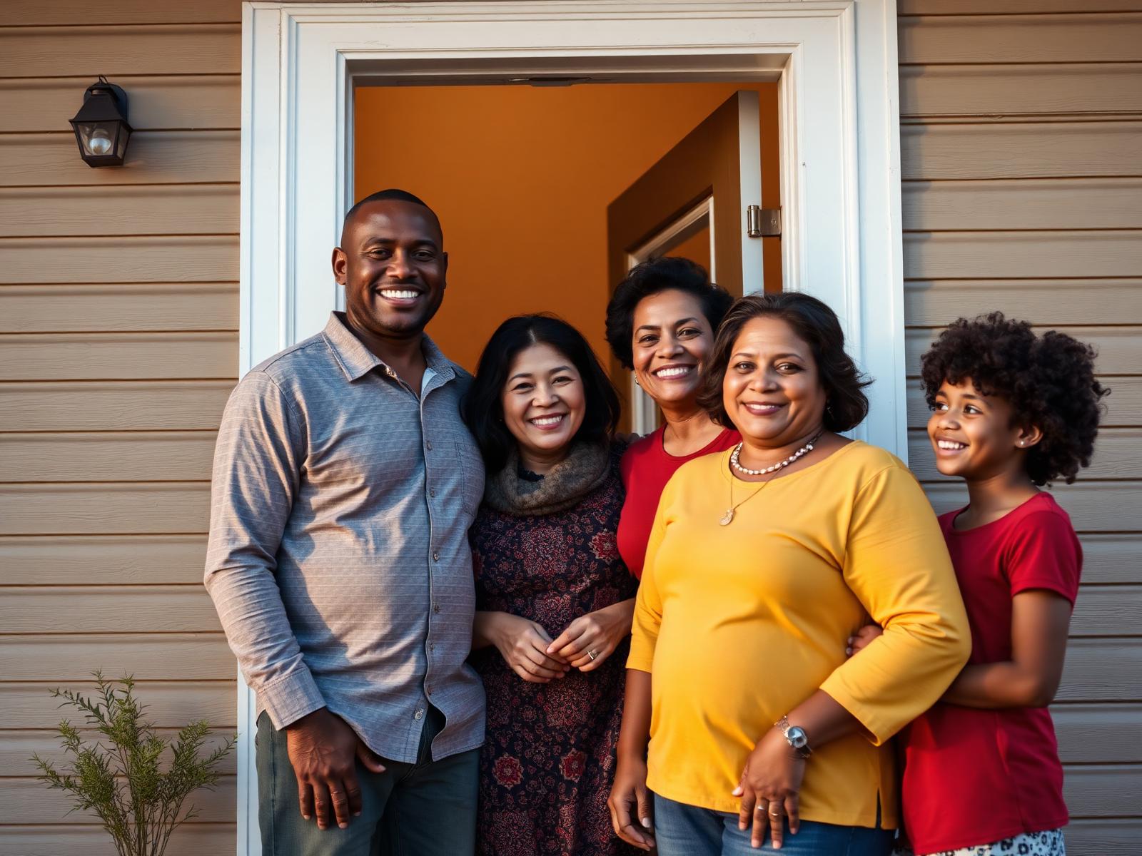 A family at the front door of their home