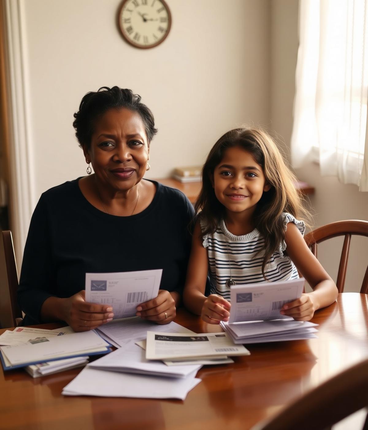A mother and daughter sorting through bills at their kitchen table